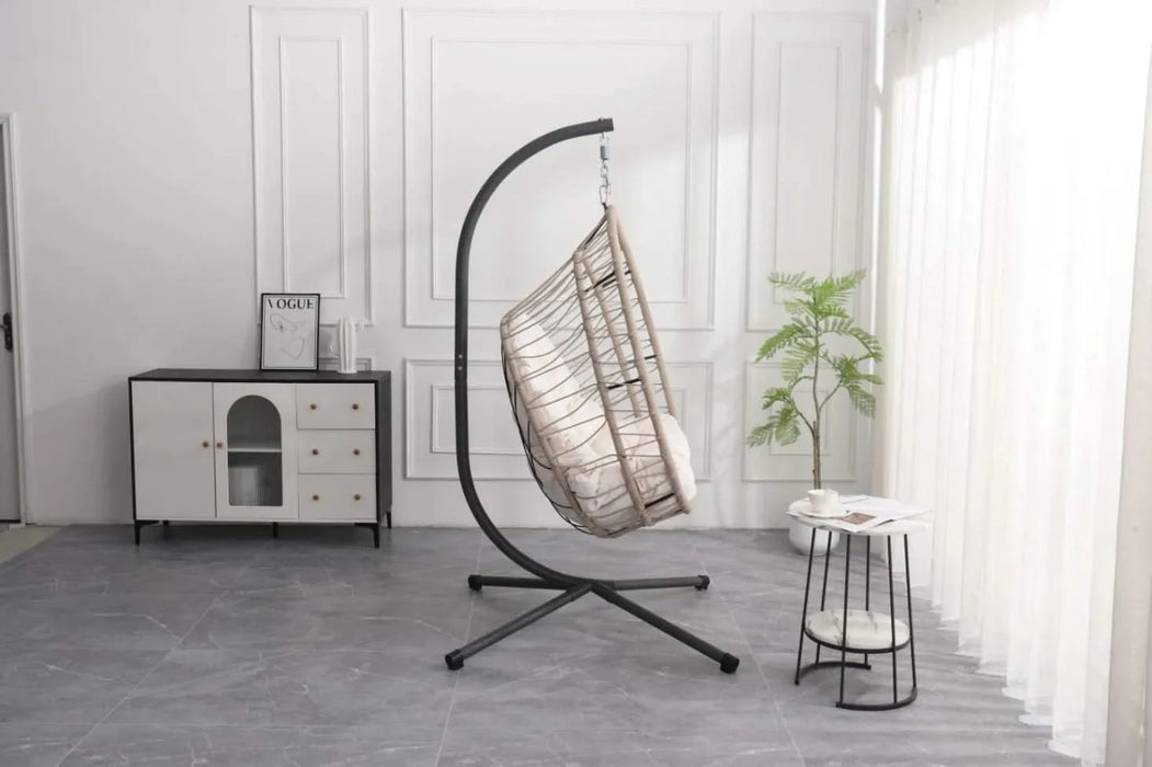 Outdoor Egg-shaped Hanging Chair with Stand, Patio Egg-shaped Swing Chair, Indoor Rocking Chair, Outdoor Hammock Egg-shaped Chair, Beige Default -DTYStore