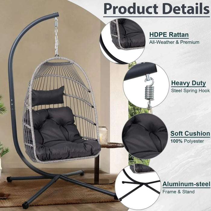 Outdoor Egg Hanging Chair with Stand, Patio Wicker Swing Egg Chair Indoor Swinging Chair Outdoor Hammock Egg Chair Default -DTYStore