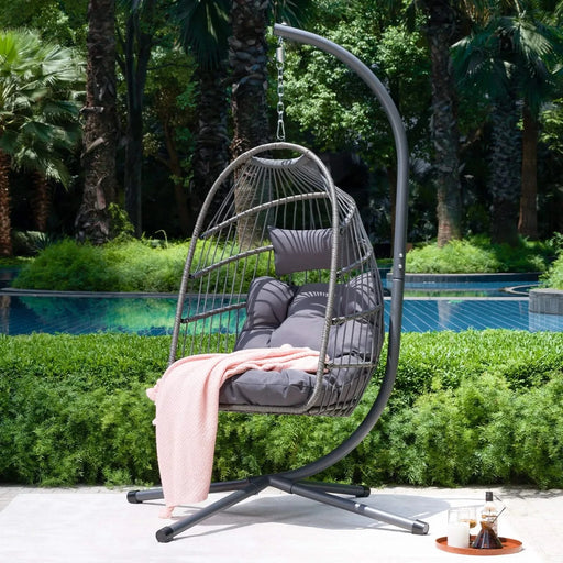 Outdoor Egg Hanging Chair with Stand, Patio Wicker Swing Egg Chair Indoor Swinging Chair Outdoor Hammock Egg Chair Default -DTYStore