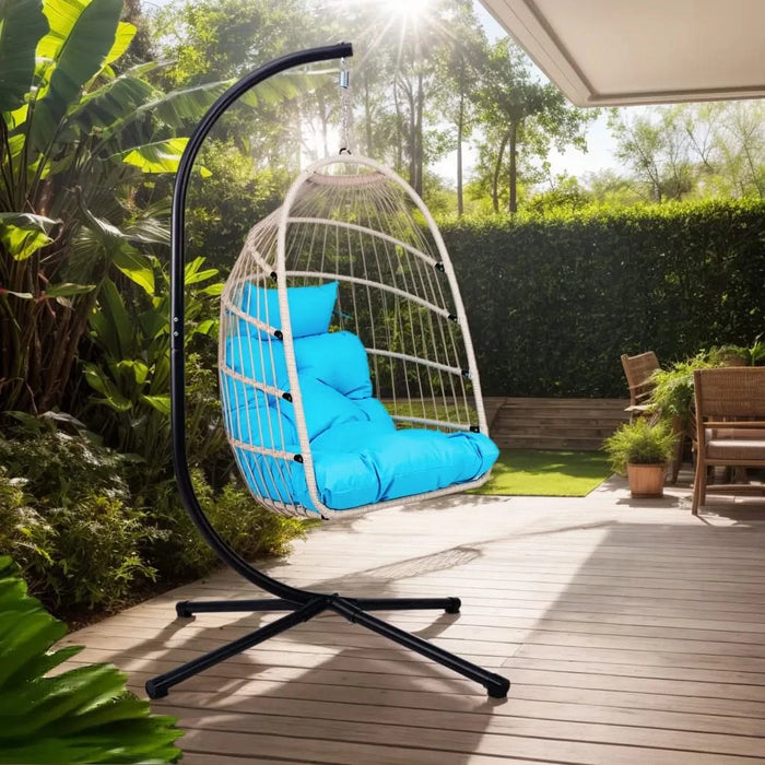 Outdoor Egg Hanging Chair with Stand, Patio Wicker Swing Egg Chair Indoor Swinging Chair Outdoor Hammock Egg Chair BLUE Default -DTYStore
