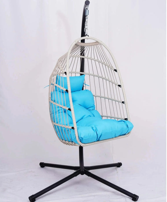 Outdoor Egg Hanging Chair with Stand, Patio Wicker Swing Egg Chair Indoor Swinging Chair Outdoor Hammock Egg Chair BLUE Default -DTYStore