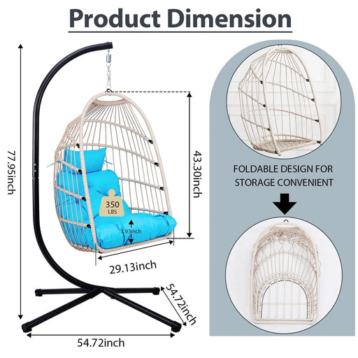 Outdoor Egg Hanging Chair with Stand, Patio Wicker Swing Egg Chair Indoor Swinging Chair Outdoor Hammock Egg Chair BLUE Default -DTYStore