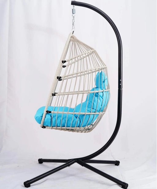 Outdoor Egg Hanging Chair with Stand, Patio Wicker Swing Egg Chair Indoor Swinging Chair Outdoor Hammock Egg Chair BLUE Default -DTYStore