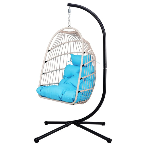 Outdoor Egg Hanging Chair with Stand, Patio Wicker Swing Egg Chair Indoor Swinging Chair Outdoor Hammock Egg Chair BLUE Default -DTYStore