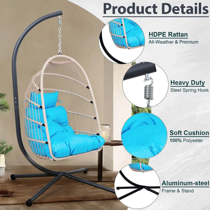 Outdoor Egg Hanging Chair with Stand, Patio Wicker Swing Egg Chair Indoor Swinging Chair Outdoor Hammock Egg Chair BLUE Default -DTYStore