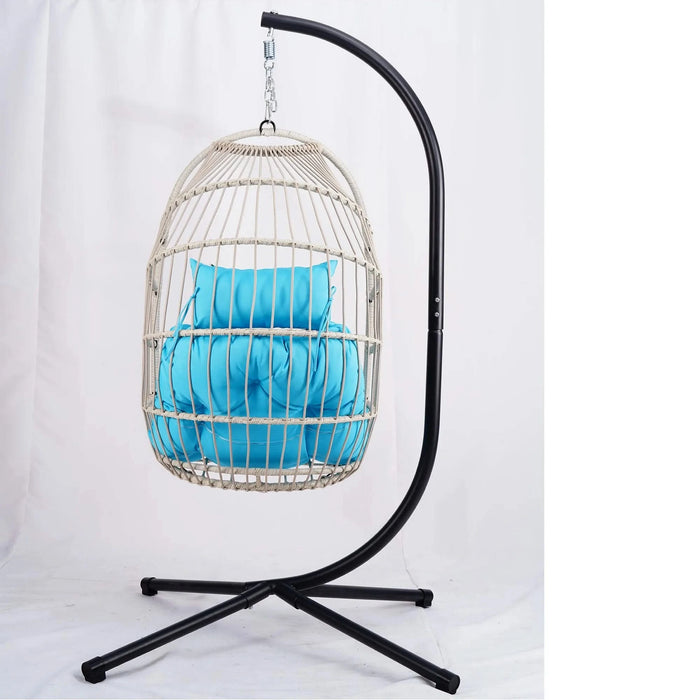 Outdoor Egg Hanging Chair with Stand, Patio Wicker Swing Egg Chair Indoor Swinging Chair Outdoor Hammock Egg Chair BLUE Default -DTYStore