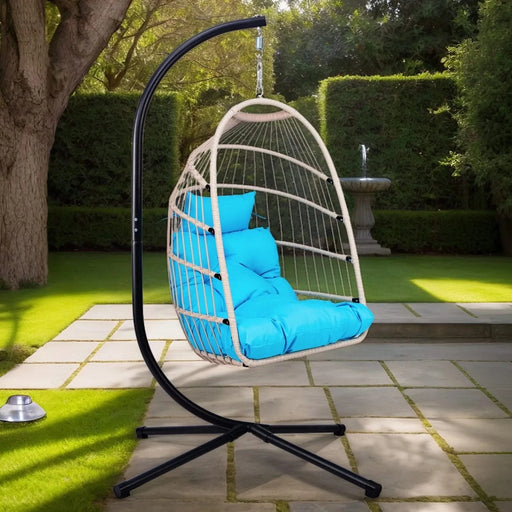 Outdoor Egg Hanging Chair with Stand, Patio Wicker Swing Egg Chair Indoor Swinging Chair Outdoor Hammock Egg Chair BLUE Default -DTYStore