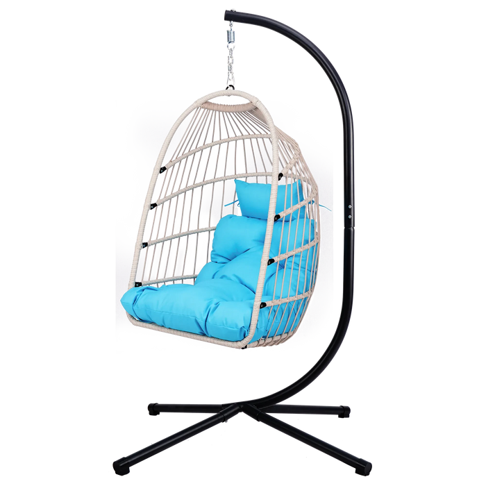 Outdoor Egg Hanging Chair with Stand, Patio Wicker Swing Egg Chair Indoor Swinging Chair Outdoor Hammock Egg Chair BLUE Default -DTYStore