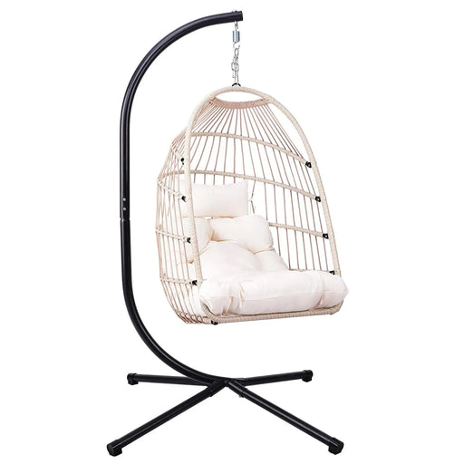 Outdoor Egg Hanging Chair with Stand, Patio Wicker Swing Egg Chair Indoor Swinging Chair Outdoor Hammock Egg Chair Off-white Default -DTYStore