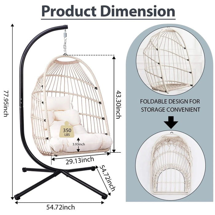 Outdoor Egg Hanging Chair with Stand, Patio Wicker Swing Egg Chair Indoor Swinging Chair Outdoor Hammock Egg Chair Off-white Default -DTYStore