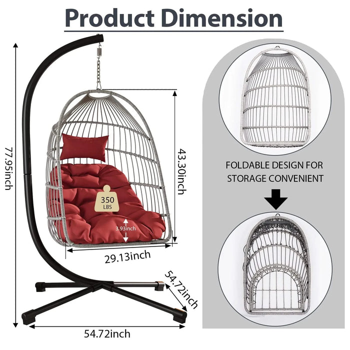 Outdoor Egg Hanging Chair with Stand, Patio Wicker Swing Egg Chair Indoor Swinging Chair Outdoor Hammock Egg Chair red Default -DTYStore