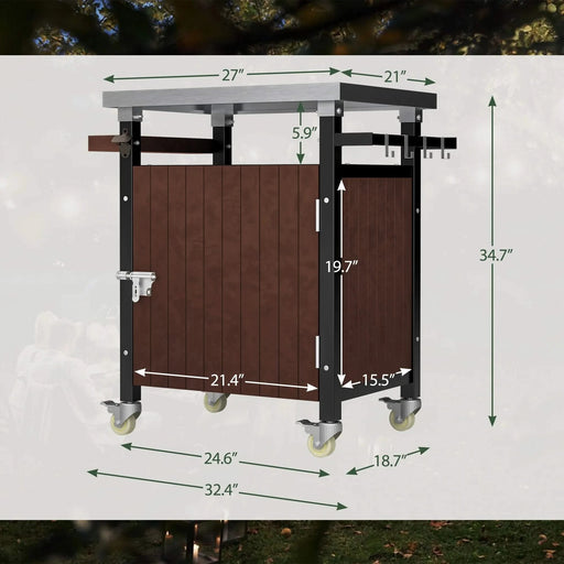 Outdoor Grill Cart with Stainless Steel Tabletop, Storage, Patio Kitchen Island with Wheels, Hooks, and Spice Rack, Waterproof Outdoor Grill Table, Movable BBQ Serving Cart Rolling Bar Cart Default -DTYStore