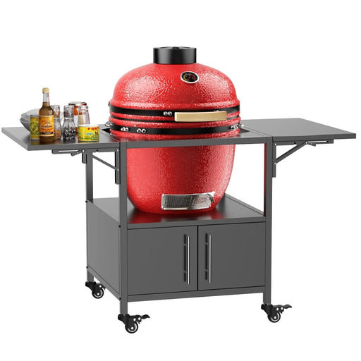 Outdoor Grill Table for Big Green Egg Style BBQ, Metal Grill Cart with 2 Folding Panels, Black Metal, 59.3 x 27.6 x 31 Inches Default -DTYStore