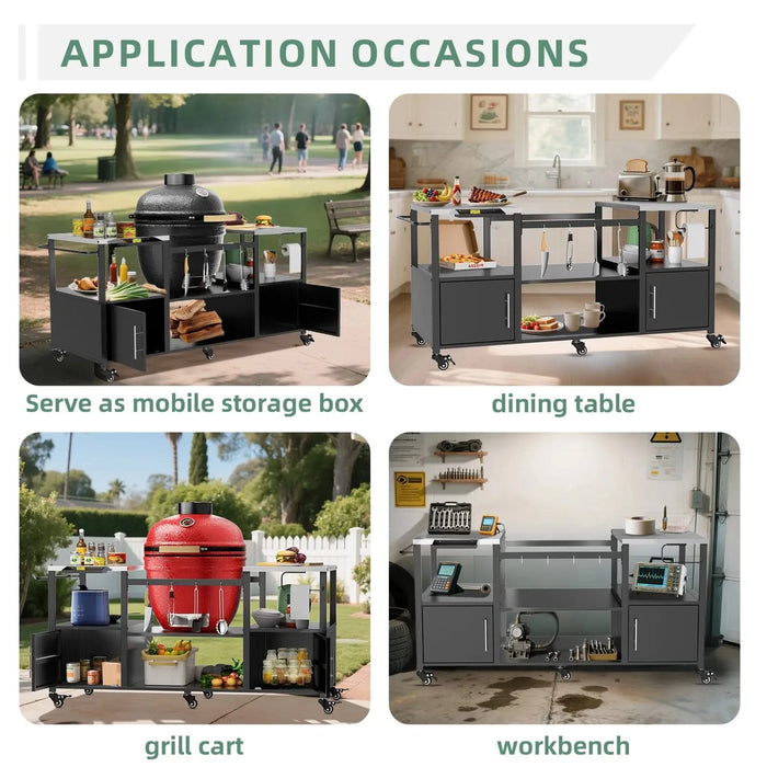 Outdoor Grill Table for Big Green Egg Style BBQ with Metal Grill Cart and Storage Box, Black and Silver, Metal and Stainless Steel, 67x27.8x31 inches Default -DTYStore