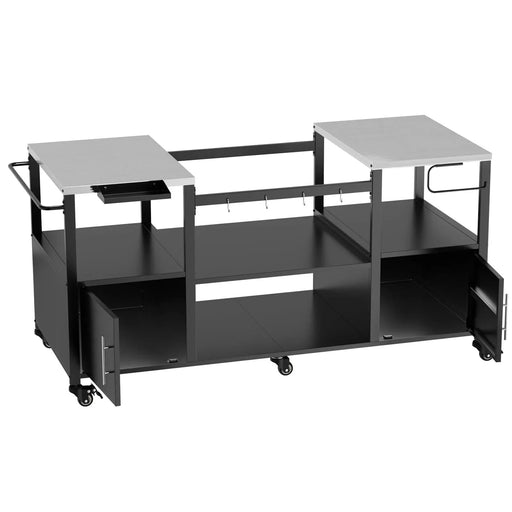 Outdoor Grill Table for Big Green Egg Style BBQ with Metal Grill Cart and Storage Box, Black and Silver, Metal and Stainless Steel, 67x27.8x31 inches Default -DTYStore