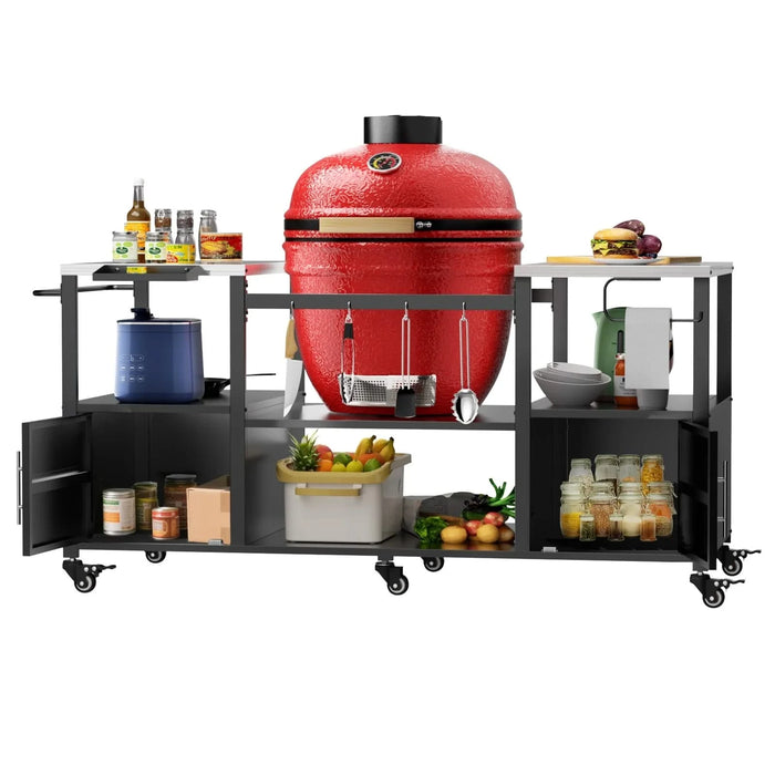 Outdoor Grill Table for Big Green Egg Style BBQ with Metal Grill Cart and Storage Box, Black and Silver, Metal and Stainless Steel, 67x27.8x31 inches Default -DTYStore