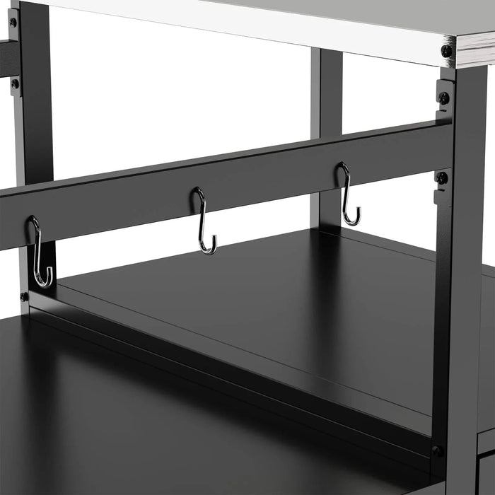 Outdoor Grill Table for Big Green Egg Style BBQ with Metal Grill Cart and Storage Box, Black and Silver, Metal and Stainless Steel, 67x27.8x31 inches Default -DTYStore