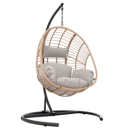 Outdoor Indoor Swing Egg Chair Natural color wicker with beige cushion Default -DTYStore