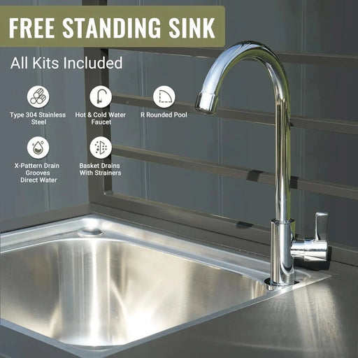 Outdoor Kitchen Island with Storage, Aluminum Kitchen Storage Island Stainless Steel Outdoor Sink w/Faucet & Drainboard, Freestanding Storage Shelves with Protective Cover Indoor Outdoor Default -DTYStore