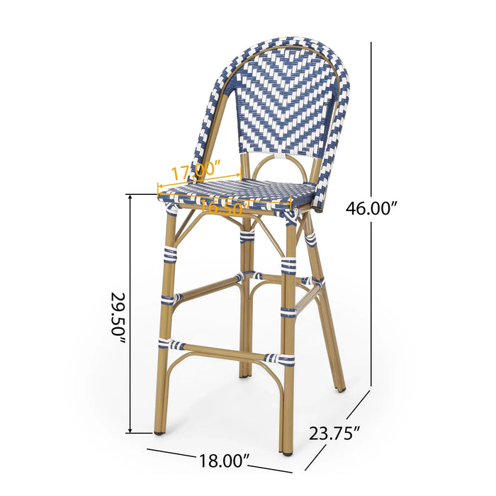 Outdoor PE Rattan French Barstool Set - Navy Blue & White, Aluminum Frame, Bamboo Finish, 29.5' Seat Height Default -DTYStore