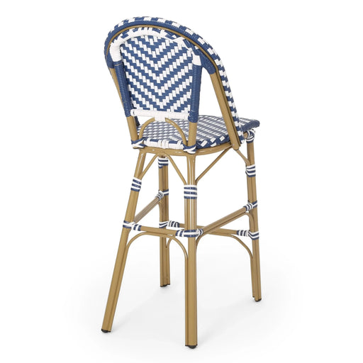Outdoor PE Rattan French Barstool Set - Navy Blue & White, Aluminum Frame, Bamboo Finish, 29.5' Seat Height Default -DTYStore