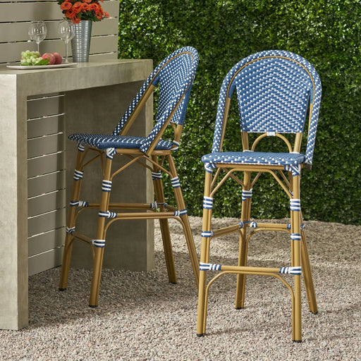 Outdoor PE Rattan French Barstool Set, Dark Teal and White, Aluminum Frame, Bamboo Finish, 29.5' Seat Height Default -DTYStore