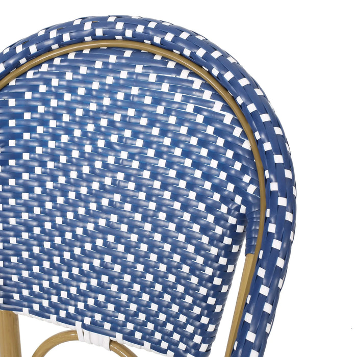Outdoor PE Rattan French Barstool Set, Dark Teal and White, Aluminum Frame, Bamboo Finish, 29.5' Seat Height Default -DTYStore