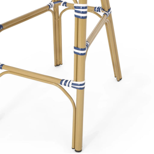 Outdoor PE Rattan French Barstool Set, Dark Teal and White, Aluminum Frame, Bamboo Finish, 29.5' Seat Height Default -DTYStore