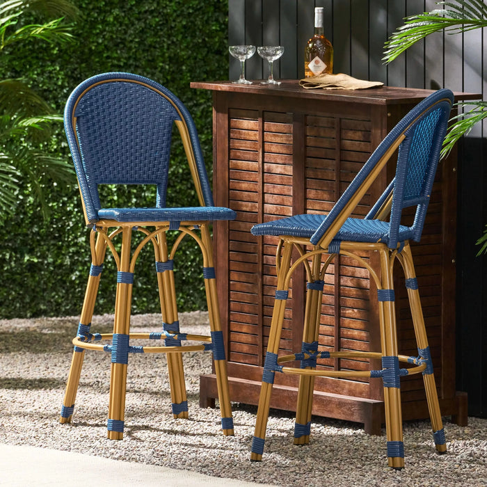 Outdoor PE Rattan and Aluminum French Barstools Set, Navy Blue, Bamboo Finish, 29.5' Height Default -DTYStore