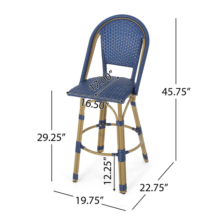 Outdoor PE Rattan and Aluminum French Barstools Set, Navy Blue, Bamboo Finish, 29.5' Height Default -DTYStore