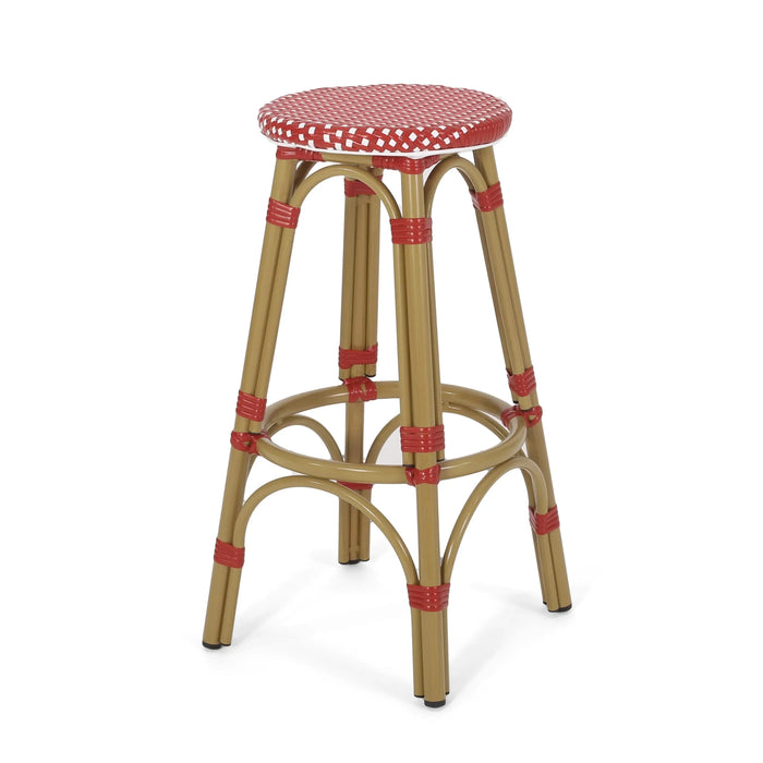 Outdoor PE Ratten and Aluminum 29.5' French Backless Barstools, Set of 2, Red, Bamboo Print Finish Default -DTYStore