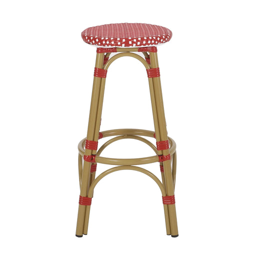 Outdoor PE Ratten and Aluminum 29.5' French Backless Barstools, Set of 2, Red, Bamboo Print Finish Default -DTYStore