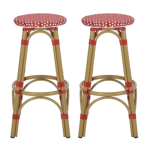 Outdoor PE Ratten and Aluminum 29.5' French Backless Barstools, Set of 2, Red, Bamboo Print Finish Default -DTYStore