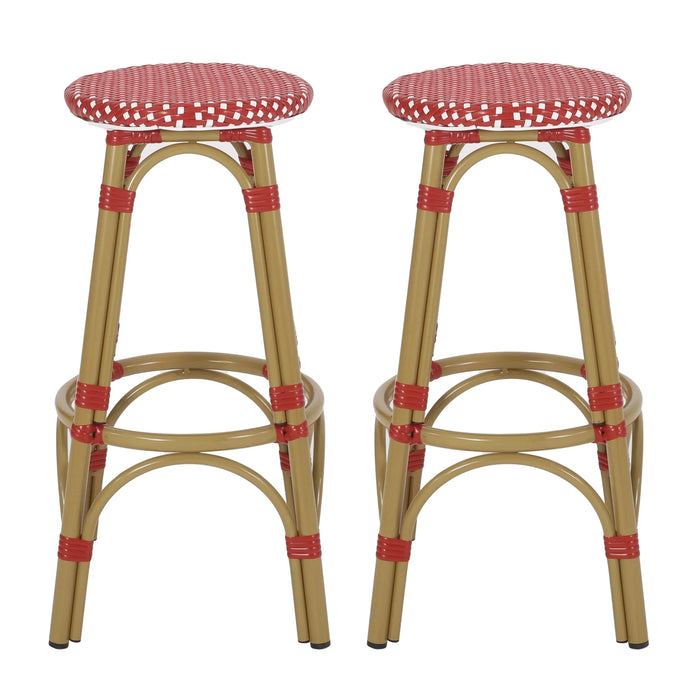Outdoor PE Ratten and Aluminum 29.5' French Backless Barstools, Set of 2, Red, Bamboo Print Finish Default -DTYStore