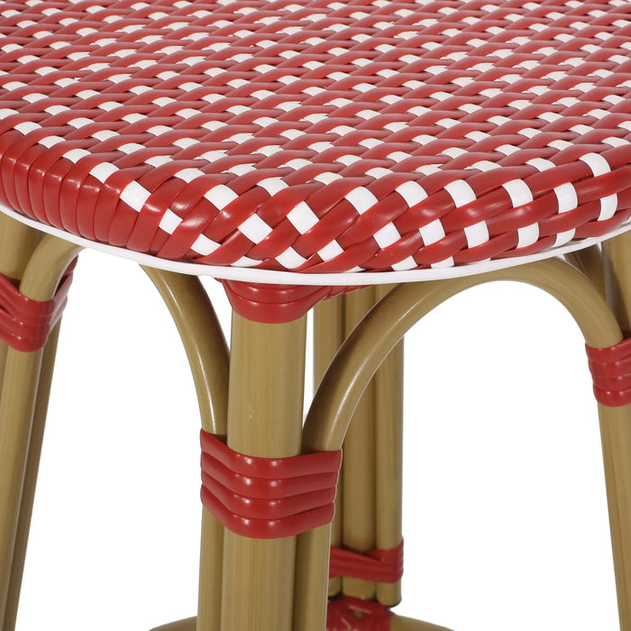 Outdoor PE Ratten and Aluminum 29.5' French Backless Barstools, Set of 2, Red, Bamboo Print Finish Default -DTYStore