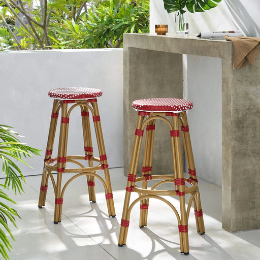 Outdoor PE Ratten and Aluminum 29.5' French Backless Barstools, Set of 2, Red, Bamboo Print Finish Default -DTYStore