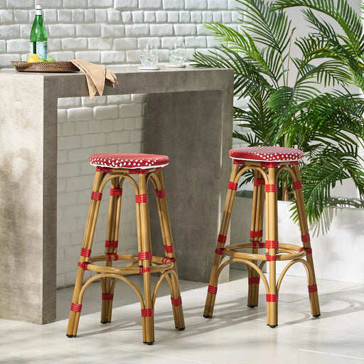 Outdoor PE Ratten and Aluminum 29.5' French Backless Barstools, Set of 2, Red, Bamboo Print Finish Default -DTYStore