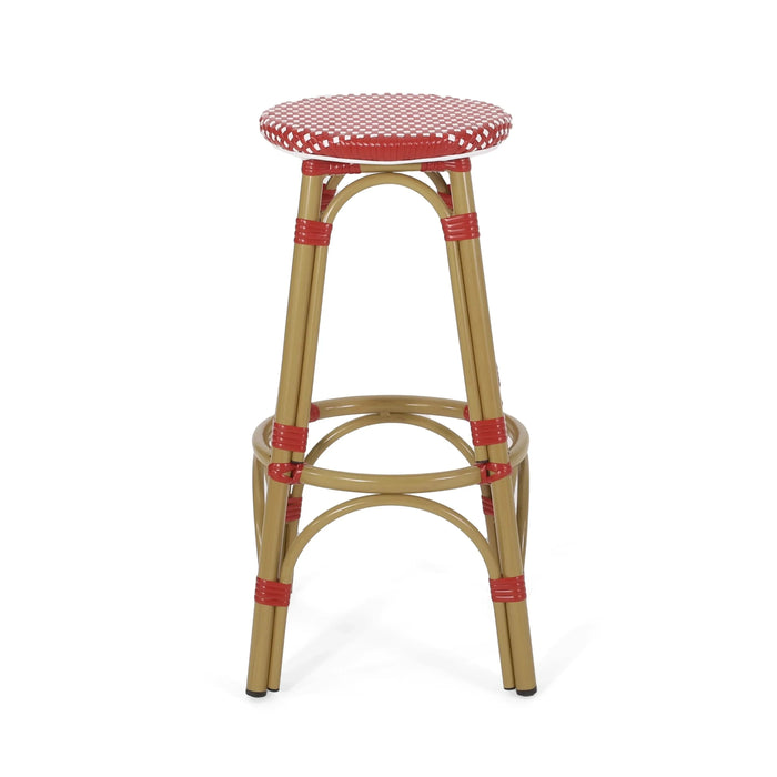 Outdoor PE Ratten and Aluminum 29.5' French Backless Barstools, Set of 2, Red, Bamboo Print Finish Default -DTYStore