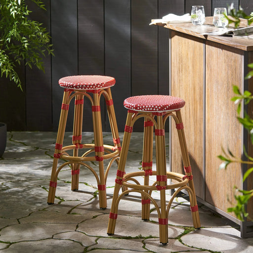 Outdoor PE Ratten and Aluminum 29.5' French Backless Barstools, Set of 2, Red, Bamboo Print Finish Default -DTYStore