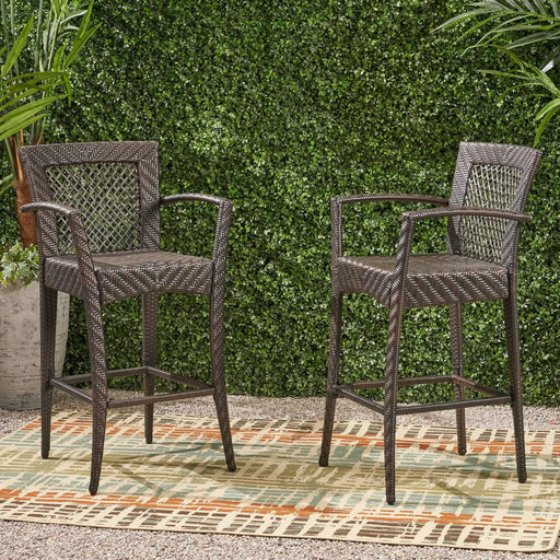 Outdoor PE rattan Barstools with Iron Frame (Set of 2), Multi Brown Default -DTYStore