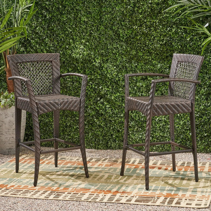 Outdoor PE rattan Barstools with Iron Frame (Set of 2), Multi Brown Default -DTYStore