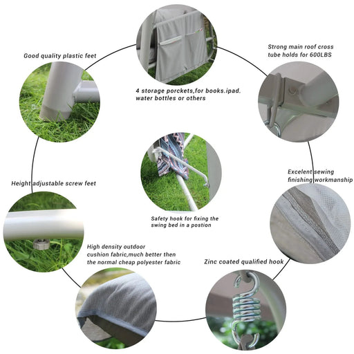 Outdoor Patio 3 seaters Metal Swing Chair Swing bed with Cushion and Adjustable Canopy Champagne Color Default -DTYStore