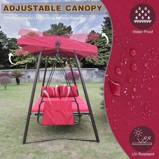 Outdoor Patio 3 seaters Metal Swing Chair Swing bed with Cushion and Adjustable Canopy Red Color Default -DTYStore