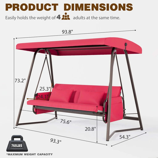 Outdoor Patio 3 seaters Metal Swing Chair Swing bed with Cushion and Adjustable Canopy Red Color Default -DTYStore