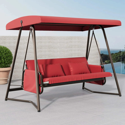 Outdoor Patio 3 seaters Metal Swing Chair Swing bed with Cushion and Adjustable Canopy Red Color Default -DTYStore