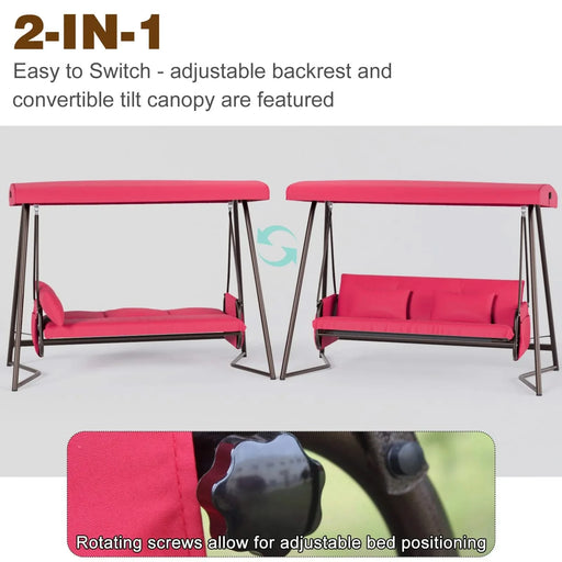 Outdoor Patio 3 seaters Metal Swing Chair Swing bed with Cushion and Adjustable Canopy Red Color Default -DTYStore