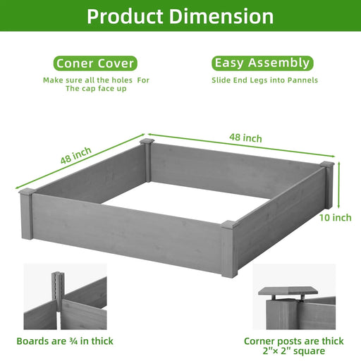 Outdoor Raised Garden Bed 48x48x10'', Tool-Free Assembly, Gray Solid Wood Planter Box Default -DTYStore