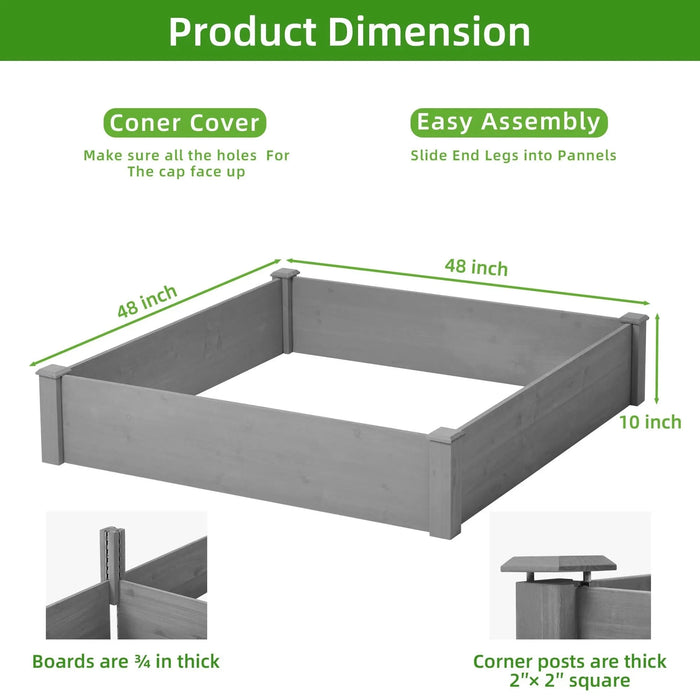Outdoor Raised Garden Bed 48x48x10'', Tool-Free Assembly, Gray Solid Wood Planter Box Default -DTYStore