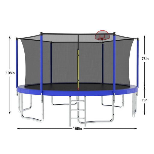 Outdoor Recreational 14FT Trampoline for Kids with Safety Enclosure Net and Ladder - Blue Metal Frame Default -DTYStore