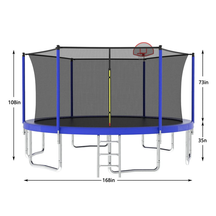 Outdoor Recreational 14FT Trampoline for Kids with Safety Enclosure Net and Ladder - Blue Metal Frame Default -DTYStore